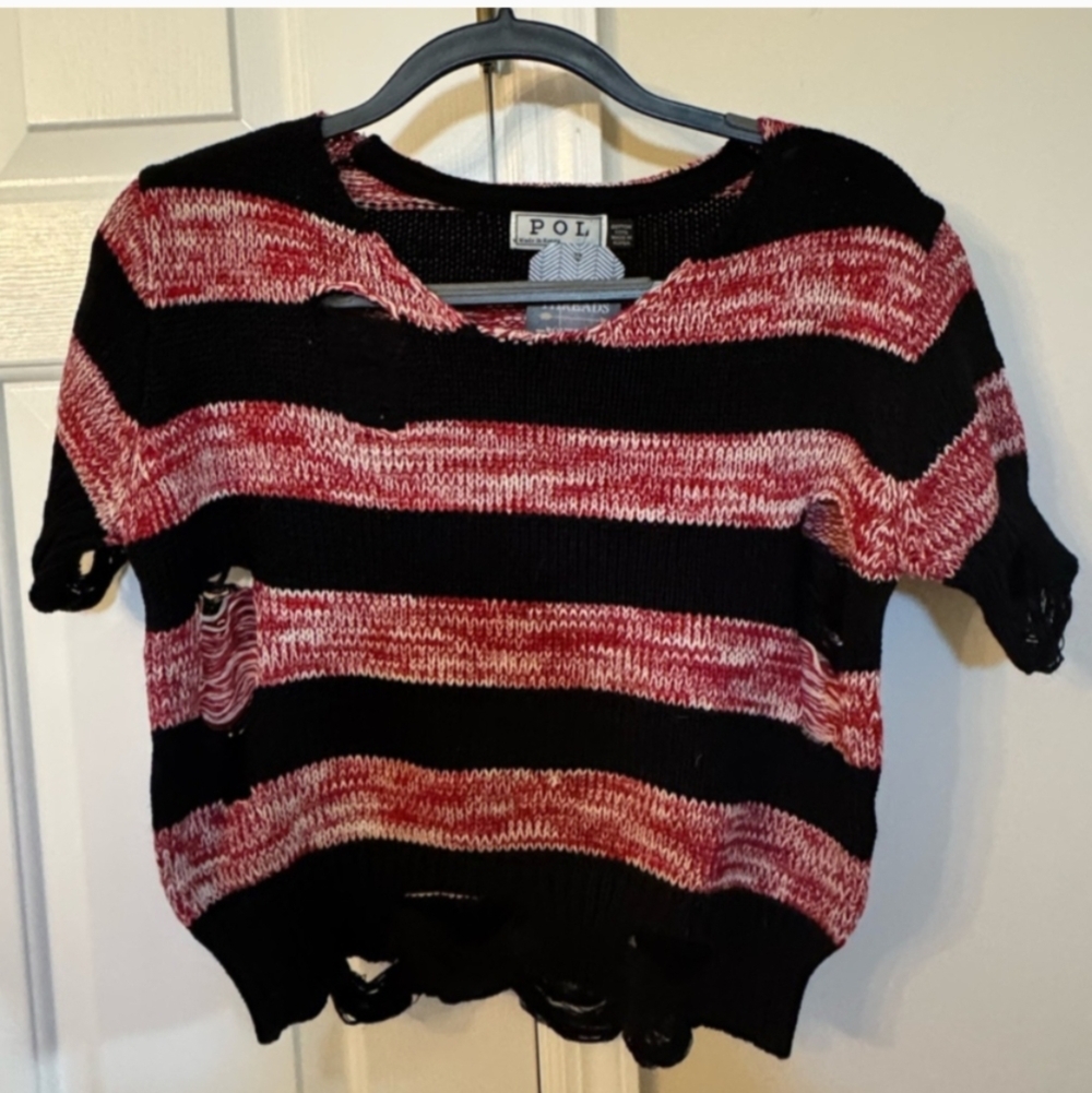 NWT POL Black and Red Striped Knit Distressed Top Size Small - Picture 2 of 6